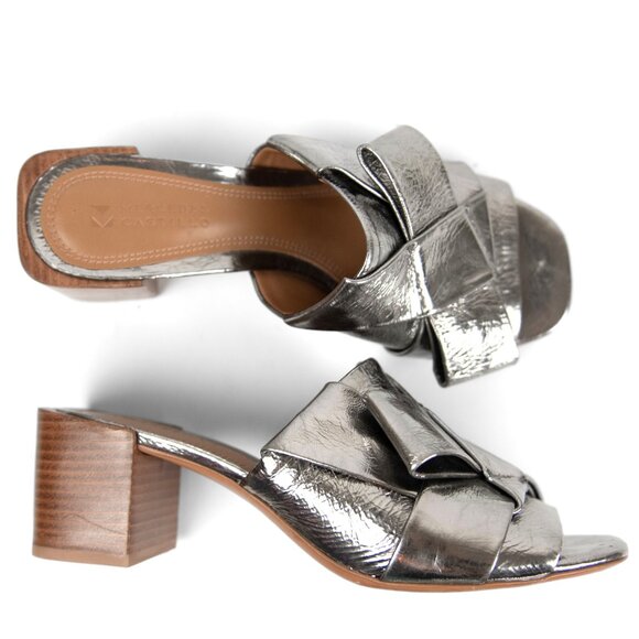 Mercedes Castillo Dafne Mule Block Heel Mid Bow Sandals Metallic Silver Size 7.5 - Picture 1 of 10